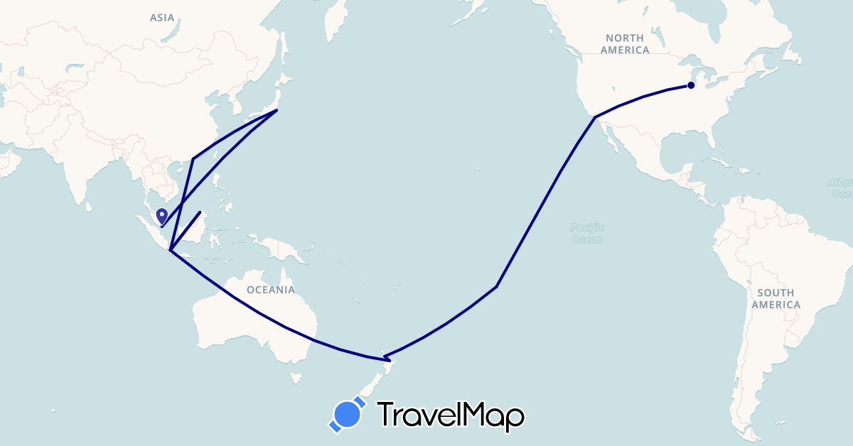 TravelMap itinerary: driving in Hong Kong, Indonesia, Japan, Malaysia, New Zealand, French Polynesia, Singapore, United States (Asia, North America, Oceania)